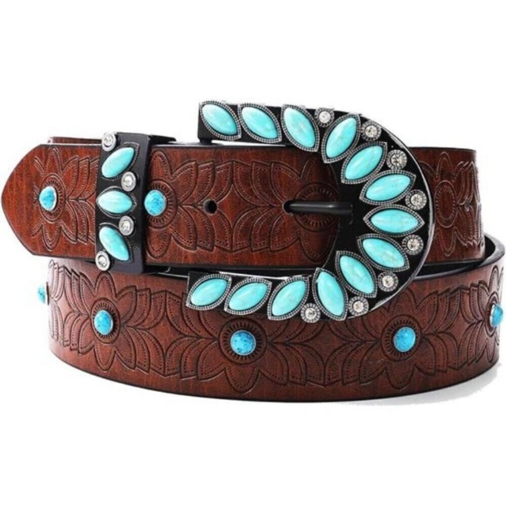 Brown Western Belt Woman Turquoise Cowgirl Belts for Jeans 28-38”